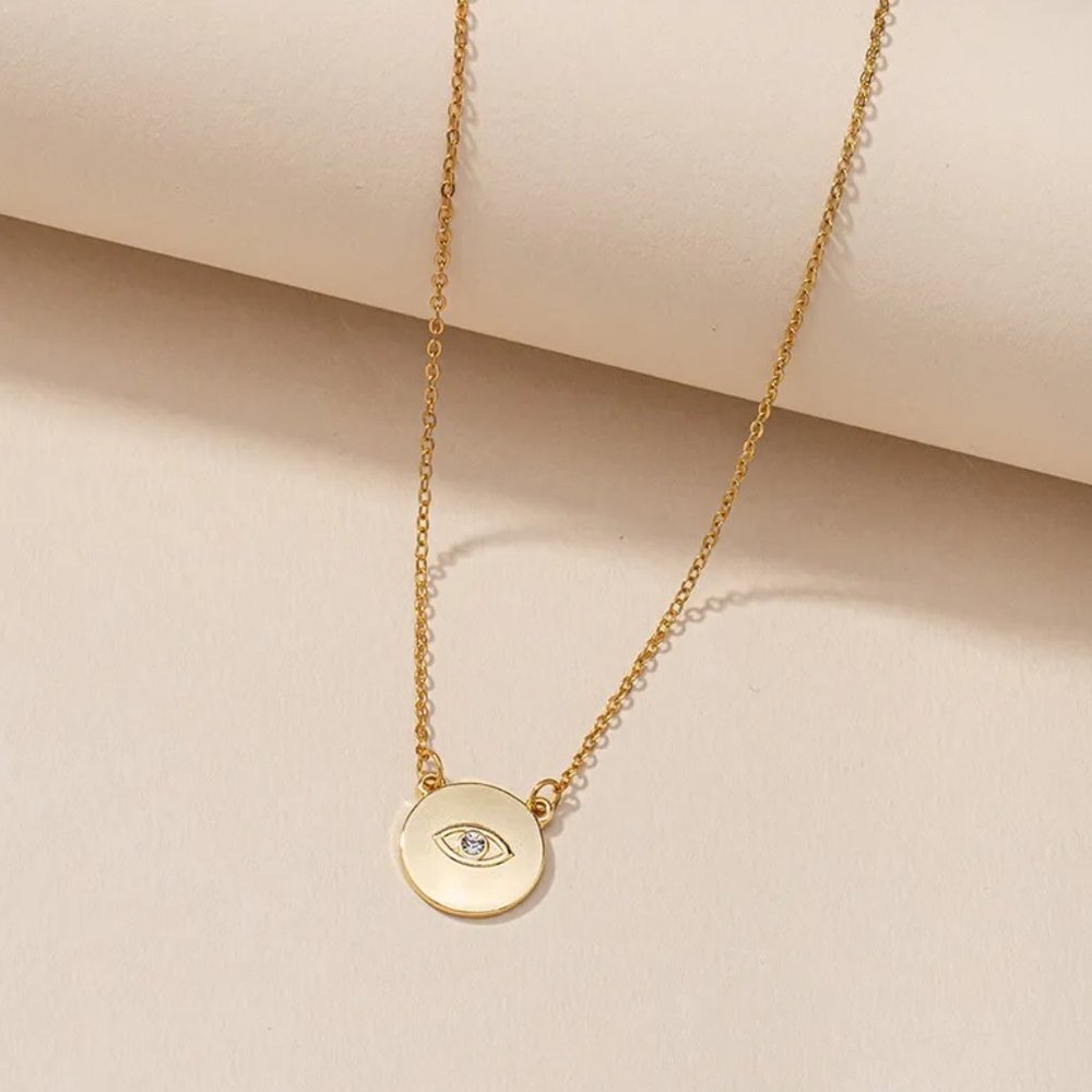 Minimalist Gold & CZ Diamond Evil Eye Necklace NEW